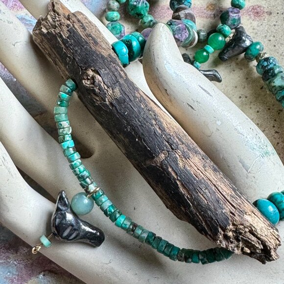 Bohemian OOAK Turquoise, Wood, Ceramic, Aventurine Statement Necklace - Picture 7 of 11